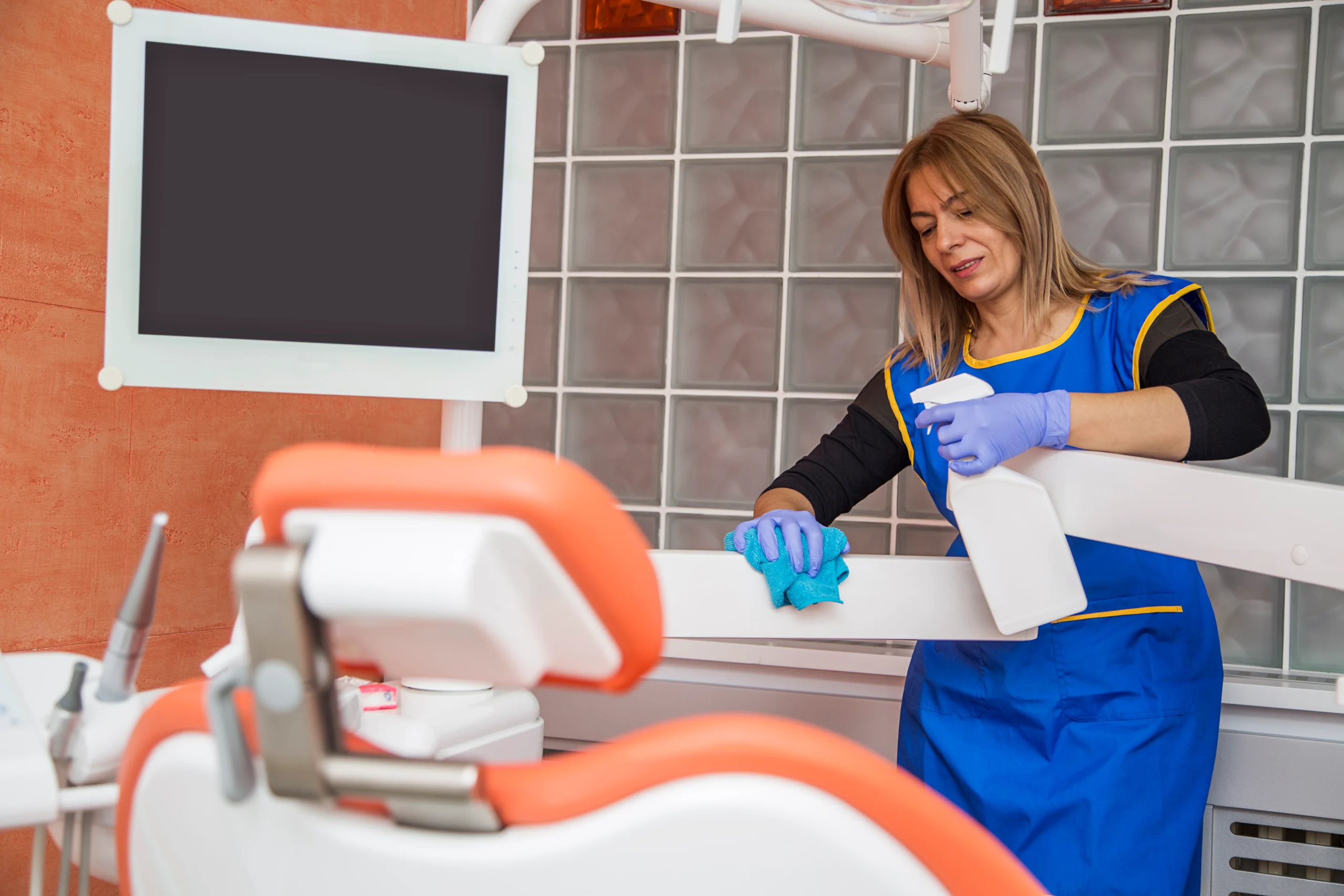 A woman wearing gloves and a blue apron cleans a dental chair with a cloth in a dental office. A monitor and glass block wall are visible in the background.